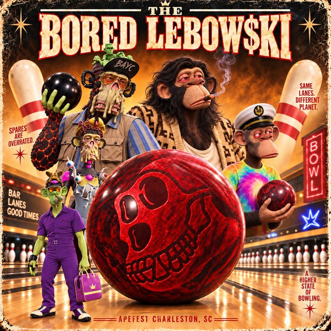 A parody poster titled 'THE BORED LEBOW$KI' for APEFEST Charleston, SC features stylized monkey/ape characters at a bowling alley, with text including 'SPARES ARE OVERRATED', 'SAME LANES, DIFFERENT PLANET', and 'A HIGHER STATE OF BOWLING'.