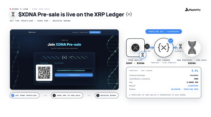 A promotional graphic announcing '$XDNA Pre-sale is live on the XRP Ledger' with instructions to set trustline, send XRP, and receive $XDNA, featuring QR code and transaction details showing a 3.9s confirmation time.