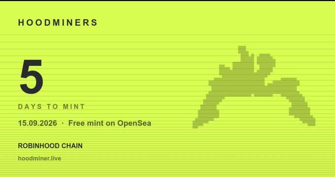 A bright green promotional graphic for HoodMiners on Robinhood Chain shows a pixelated pickaxe illustration alongside the text "5 DAYS TO MINT" and the launch date "15.09.2026 · Free mint on OpenSea," with the website "hoodminer.live" displayed at the bottom. The image serves as a countdown announcement, visually reinforcing the post's message about the upcoming free mint event for 5,000 HoodMiner NFTs.
