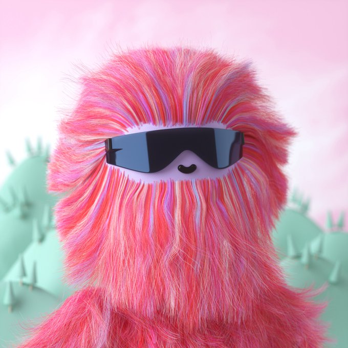 A fluffy pink creature wearing sleek ski goggles smiles against a pastel sky and mint-green mountains, perfectly matching the carefree, positive "vibes stay good $ETH" energy of the post.