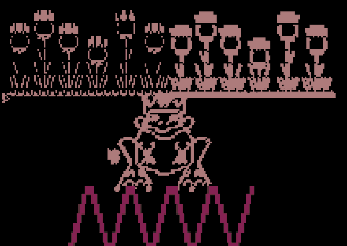 A pixelated artwork in pink and black showing a figure with the text 'Pikuniku' and 'OKU' above stylized grass and a large letter 'W'.