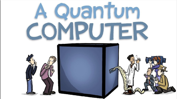 A cartoon illustration titled 'A QUANTUM COMPUTER' showing confused scientists and reporters gathered around a mysterious blue cube.