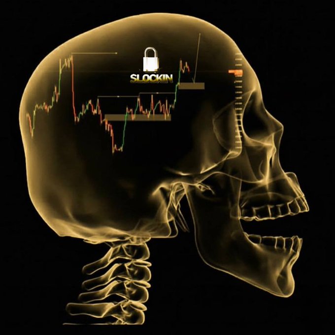 A golden X-ray style skull illustration with a stock chart and "SLOCKIN" text with a padlock icon overlaid on it.
