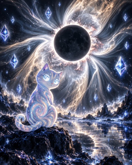 A fantastical digital illustration of a translucent, starry-patterned cat sitting on a rocky shore, gazing up at a solar eclipse surrounded by floating diamond-shaped crystals.