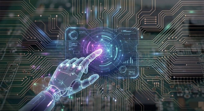 A digital illustration shows a robotic hand interacting with a glowing holographic interface displaying geometric shapes, set against a background of green circuit board patterns.