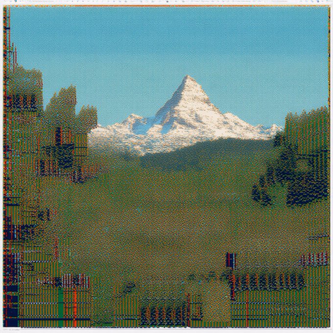 A digitally distorted, glitch-art style image of a snow-capped mountain peak surrounded by green fields under a blue sky.