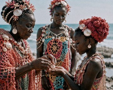 Three African women wearing traditional coral beadwork headdresses and elaborate necklaces stand near a shoreline, with one examining something in her hands.