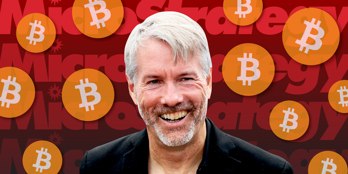 A thumbnail-style image of a smiling gray-haired man overlaid on a red background filled with orange Bitcoin logos and faded MicroStrategy branding.