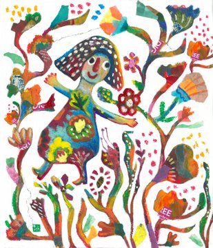 A colorful naive-style painting of a girl with polka-dotted hair surrounded by flowers, plants, and trees.