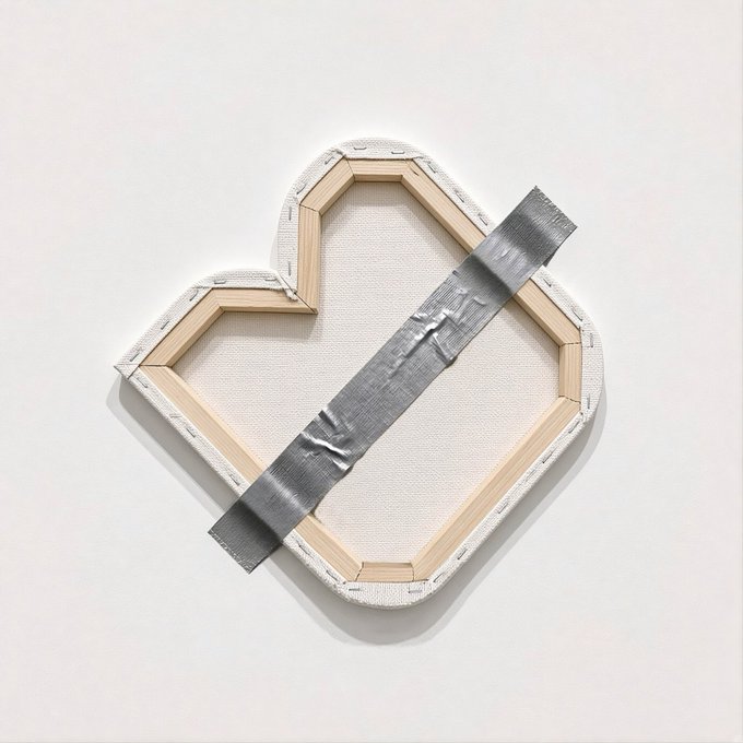 A contemporary art piece featuring a heart-shaped wooden canvas frame with beige fabric, with a strip of silver duct tape affixed diagonally across it.