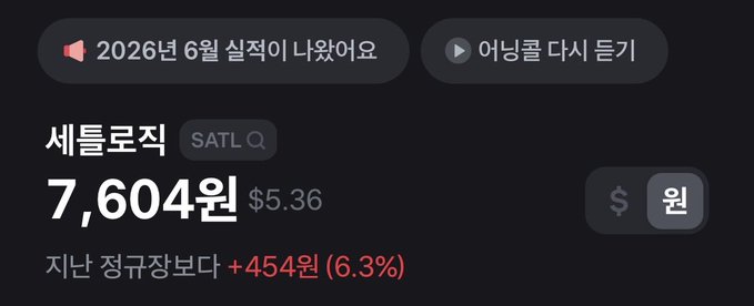 A screenshot of a Korean stock tracking app shows SATL (세틀로직) trading at 7,604 won ($5.36), up +454 won (6.3%) from the previous regular session close, with a note indicating installation data was released in June 2026. This matches the poster's playful comment hoping the price will push to 8,000 won before crashing back down to 1 satl.