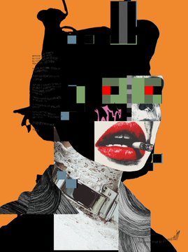A glitch-art style collage portrait of a woman set against a solid orange background, featuring black silhouette fragments, a pixelated patch with red lips, and a digital screamo aesthetic.