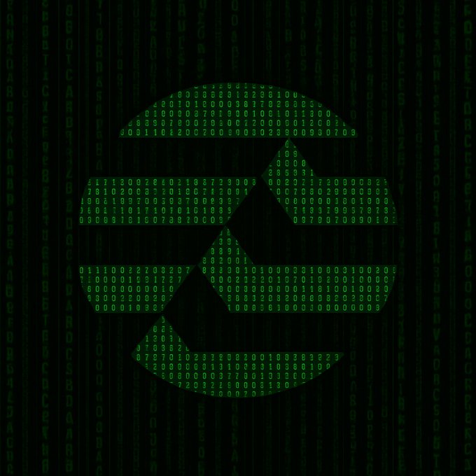 A green digital Matrix-style background featuring a central cryptocurrency logo composed of streams of numerical digits cascading vertically.