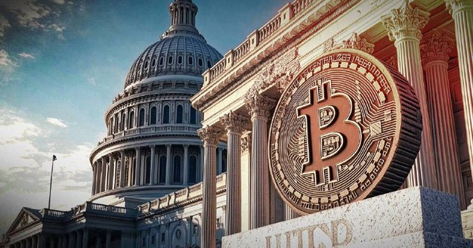An image showing a large bronze Bitcoin coin in front of a classical government building with a domed roof, suggesting Bitcoin regulation or adoption.