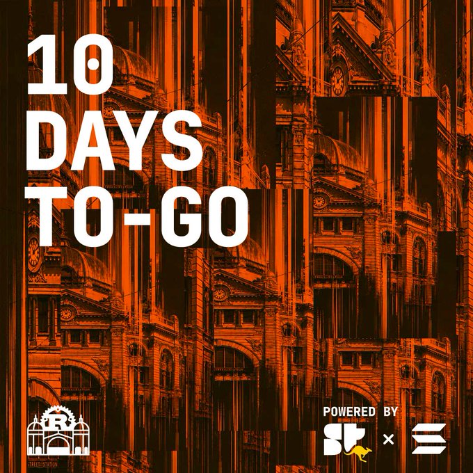 A promotional graphic with bold white text '10 DAYS TO-GO' overlaid on an orange-tinted, distorted image of an ornate building facade, with logos at the bottom reading 'RW BUILT' and 'POWERED BY SP x [logo]'.