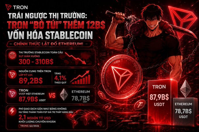 A bold red-toned infographic titled "TRÁI NGƯỢC THỊ TRƯỜNG: TRON 'BỎ TÚI' THÊM 12B$ VỐN HÓA STABLECOIN" features an anime-style warrior wielding a sword alongside a large TRON coin, highlighting that TRON (87.9B$ USDT) has officially surpassed Ethereum (78.7B$ USDT) in stablecoin market cap, with TRON's supply reaching 89.2B$ (+4.1% QoQ) against a global stablecoin market decline to 300-310B$.