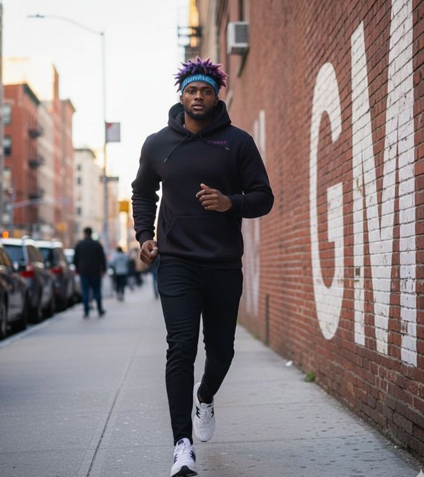 A man with purple-tinted hair wearing a black hoodie and black pants jogs down an urban sidewalk next to a red brick wall with a large painted 'C'.