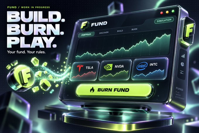 A vibrant promotional image for a 'FUND' platform featuring the text 'BUILD. BURN. PLAY.' and showing stock tickers for TSLA, NVDA, and INTC above a glowing 'BURN FUND' button.