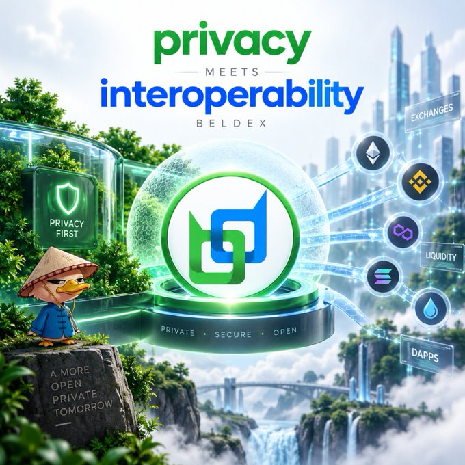 Marketing image for Beldex highlighting 'privacy meets interoperability,' featuring a duck mascot, a central logo with 'PRIVATE • SECURE • OPEN' tagline, and connected nodes labeled Exchanges, Liquidity, and DApps.