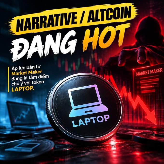 A promotional graphic with the text 'NARRATIVE / ALTCOIN ĐANG HOT' and Vietnamese text mentioning 'Market Maker' and the token 'LAPTOP', featuring a large coin with a laptop logo.
