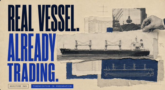 Promotional graphic for Maritime RWA (Real World Assets) with text 'REAL VESSEL. ALREADY TRADING.' and 'TOKENIZATION IN PREPARATION,' featuring collaged images of cargo ships and shipping cranes.