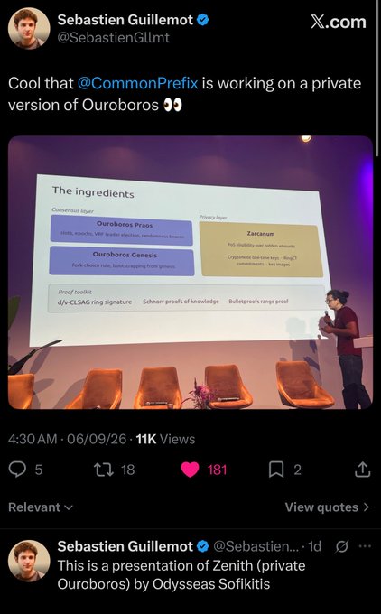 A tweet by Sebastien Guillemot (@SebastienGLmt) about @CommonPrefix working on a private version of Ouroboros, showing a presentation slide about 'The ingredients' of Zenith.