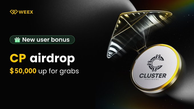 A black promotional banner for Weex featuring a "New user bonus" tag, "CP airdrop" text, and "$50,000 up for grabs," alongside a golden geometric diamond shape and a coin displaying the Cluster Protocol logo. The ad visually reinforces the post's announcement of a $50,000 USDT CP token airdrop event running from September 8–15, 2026.