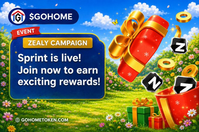 A promotional banner for "$GOHOME" advertising a "ZEALY CAMPAIGN" with the text "Sprint is live! Join now to earn exciting rewards!" alongside a red gift capsule, coins, and ZEE tokens in a garden setting.