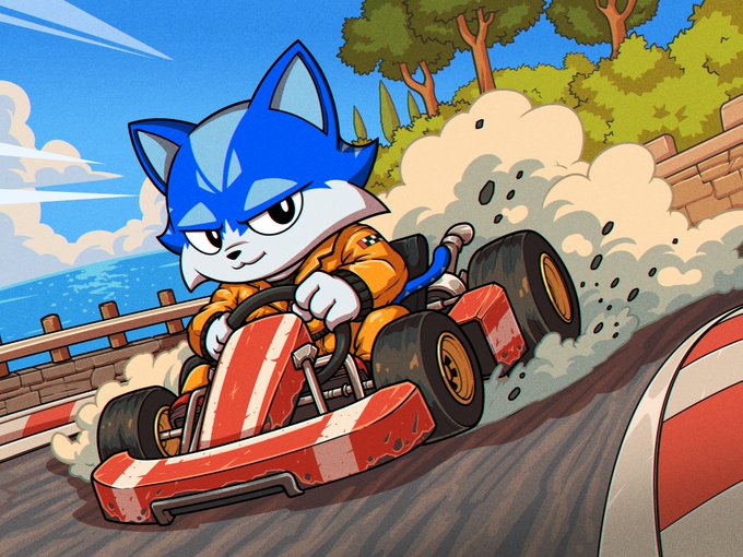 A cartoon illustration of a blue anthropomorphic fox character driving a red go-kart around a corner with dust kicking up behind the wheels.