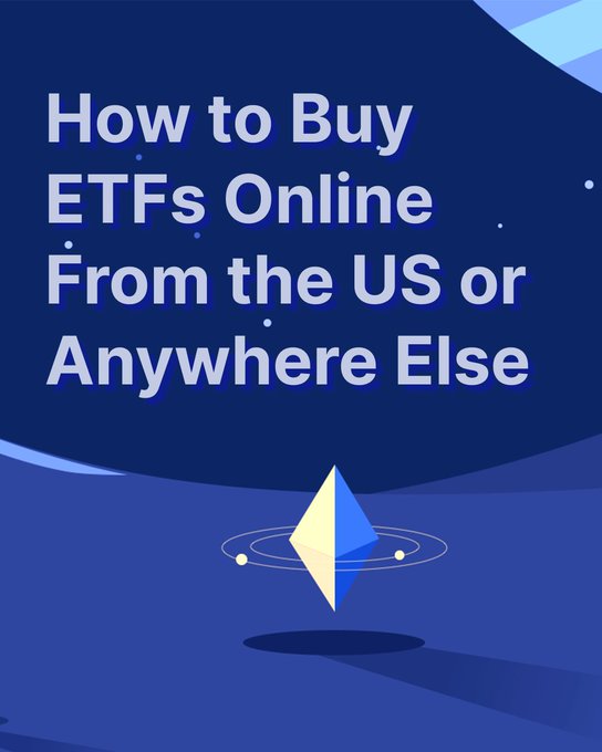 A graphic design with a blue background reading 'How to Buy ETFs Online From the US or Anywhere Else' above an Ethereum logo illustration.
