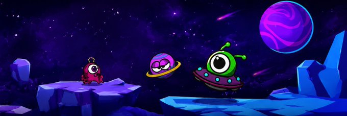 A colorful digital illustration of cute aliens and a planet in a starry outer space setting.