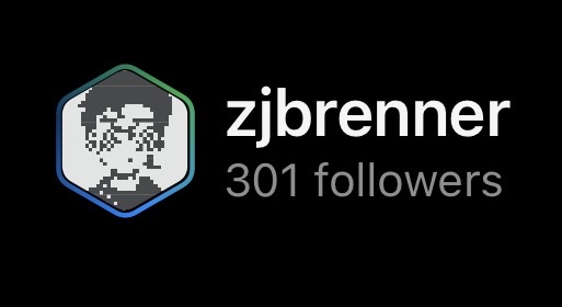 The image features a logo for a social media platform named "Zjbrenner". The logo consists of a hexagon with a person's face inside, surrounded by a blue border. Below the hexagon, there are two lines of text that read "Zjbrenner" and "301 Followers", respectively. Additionally, there is a small image of a person wearing glasses on the right side of the logo. The post also mentions an app called "@opensea Mobile" and provides information about how to get a hexagon PFP for both the app and the site.