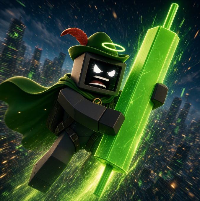 A blocky, pixelated green-clad warrior with a halo above its TV-screen head wields a glowing green lightsaber against a stormy cityscape backdrop, embodying the meme-token energy referenced in the post about launching meme tokens on Robinhood paired with RWA stocks via printer.fun.