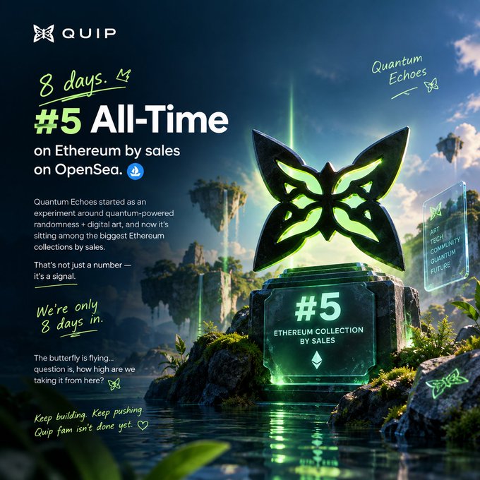 A promotional graphic for QUIP celebrating Quantum Echoes as the '#5 All-Time' Ethereum collection by sales on OpenSea after 8 days, featuring a glowing green butterfly emblem on a digital pedestal in a fantasy landscape.