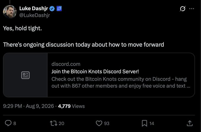 A tweet from Luke Dashjr (@LukeDashjr) reads 'Yes, hold tight. There's ongoing discussion today about how to move forward' and links to the Bitcoin Knots Discord Server.