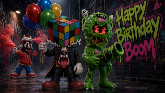 A dark, stylized 3D illustration shows a clown-like character with a Rubik's cube head holding balloons, standing next to a green monster in front of graffiti reading "Happy Birthday BooM".