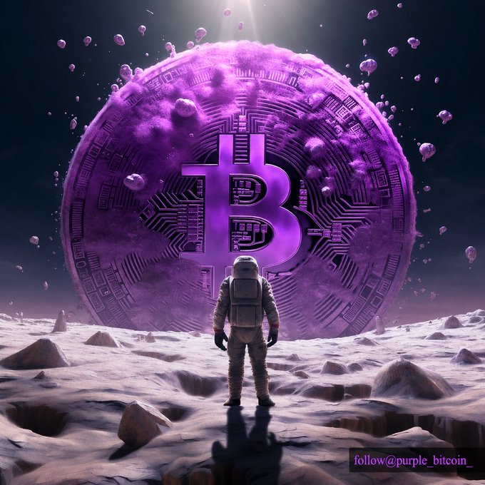 Digital artwork showing an astronaut standing on a rocky lunar-like surface facing a massive purple Bitcoin coin with circuit board details, watermarked 'follow@purple_bitcoin'.