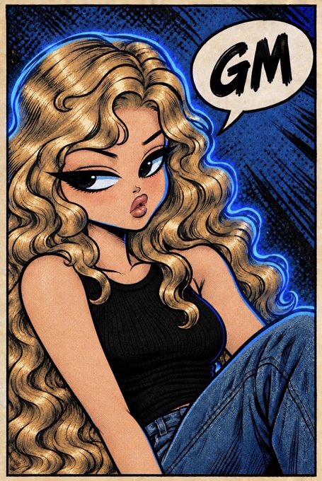 Comic-style illustration of a blonde woman with curly hair wearing a black tank top, with a speech bubble saying 'GM'.