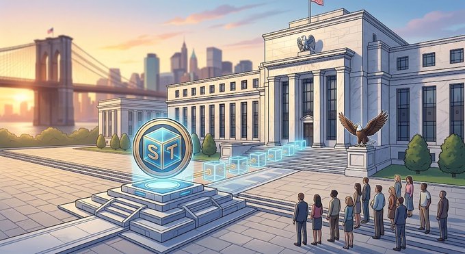An illustrated depiction of the U.S. Securities and Exchange Commission (SEC) headquarters with a Brooklyn Bridge-style suspension bridge in the background and a holographic blue token seal in the foreground captioned "ST" surrounded by onlookers, symbolizing the SEC's pivotal role in the evolving U.S. regulatory landscape for cryptocurrency offerings.