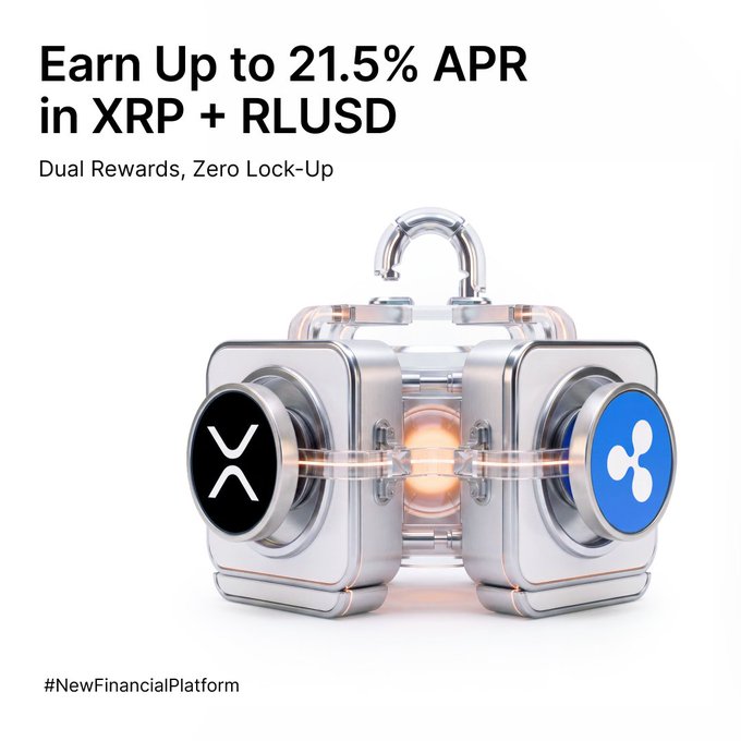 A promotional graphic featuring a sleek metallic vault mechanism with XRP and Ripple logos on rotating dials, advertising "Earn Up to 21.5% APR in XRP + RLUSD" with "Dual Rewards, Zero Lock-Up," illustrating Ripple's RLUSD Hold & Earn program on Bybit where users can earn daily XRP and RLUSD rewards without staking or lock-up periods.