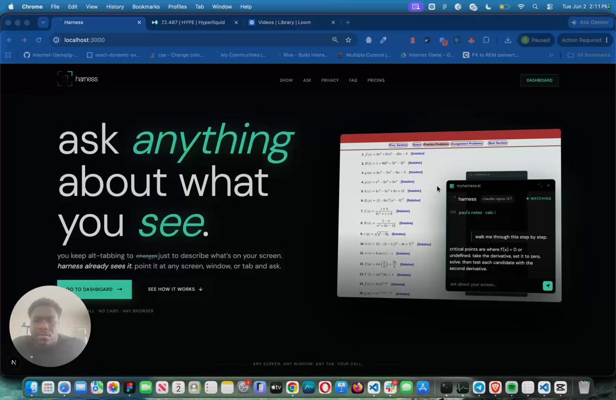 The image shows a computer screen displaying a website called "ask anything about what you see." The background of the image features a person's face, which appears to be a man with dark hair wearing glasses. The main focus of the image is on the website itself and its content.
