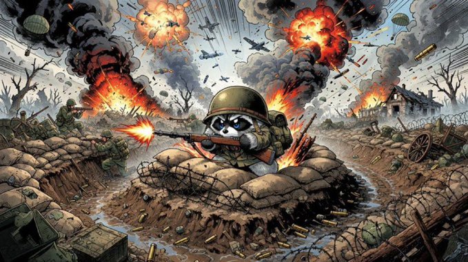 A cartoon cat in military gear fires a rifle from a sandbag bunker amid explosions and a chaotic battlefield scene. The image serves as a visual metaphor for the post's message about a resilient community under attack from coordinated FUD and negativity, with the lone soldier standing firm against overwhelming forces symbolizing community members holding their ground.