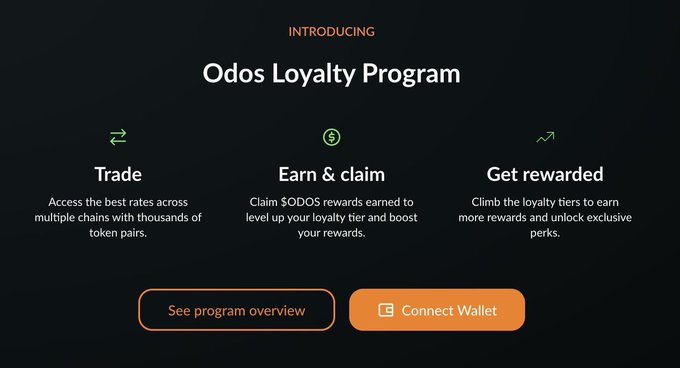 The image shows a screenshot of an online banking page for Odos Loyalty Program. The main focus of the image is a button that says "Connect Wallet" at the bottom right corner, indicating that users can connect their wallet to the program. The text on the screen provides information about the loyalty program and its benefits, such as earning rewards and claiming them through trade options. This highlights the importance of finding opportunities in the DeFi ecosystem and efficiently accessing those opportunities for maximum gains.