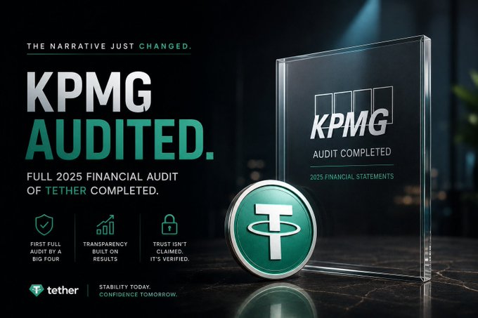 The image is a promotional graphic from Tether featuring the tagline "The Narrative Just Changed" alongside a glass KPMG award plaque displaying "Audit Completed" and "2025 Financial Statements," with text announcing "KPMG AUDITED. Full 2025 Financial Audit of Tether Completed" and noting it as the "First Full Audit by a Big Four." The accompanying post celebrates KPMG US completing a full Big Four audit of Tether's 2025 financials, directly countering critics like CT who claimed Tether would never achieve such an audit—reinforcing the image's message that "trust isn't claimed, it's verified."