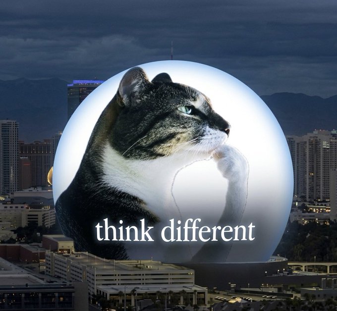 Creative meme image featuring a cat's face superimposed onto a silhouette body in a thinking pose against the Las Vegas Sphere, with the text 'think different' reminiscent of Apple's slogan.