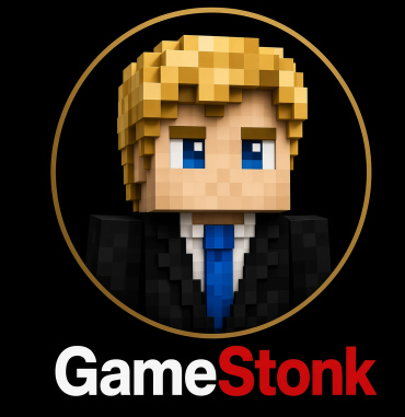 A Minecraft-style avatar with blonde hair, blue eyes, and a black suit with a blue tie is featured inside a gold circular frame above the "GameStonk" logo, representing the $STONKBROKER NFT character referenced in the post about token distribution and locked supply.