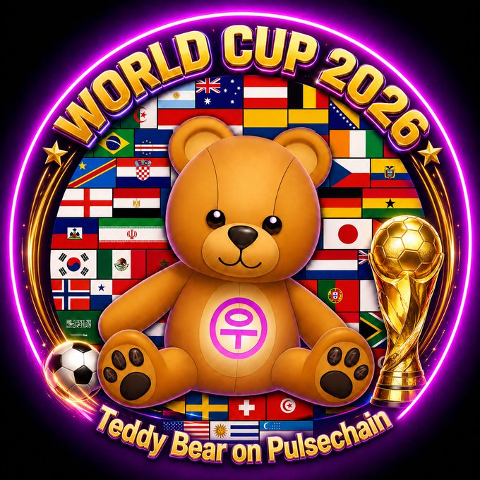 The image features a large teddy bear sitting next to a trophy, with a banner that reads "World Cup 2016 Teddy Bear on Pulsechain". The teddy bear has a pink heart on its chest and is surrounded by various flags from different countries. The text in the image suggests that this teddy bear represents the mascot for the World Cup and is associated with the FIFA World Cup organization.