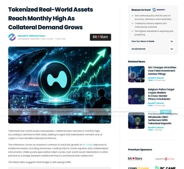 A screenshot of a news article titled 'Tokenized Real-World Assets Reach Monthly High As Collateral Demand Grows', published by BitStarz and Syndicated by Decrypt.