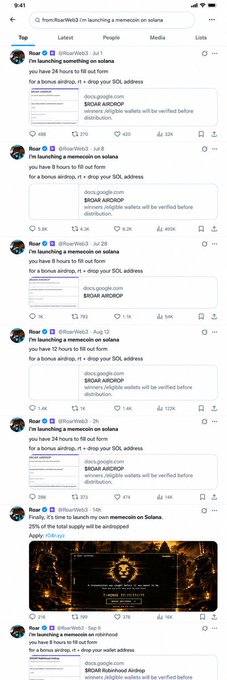 A mobile screenshot of Twitter/X showing multiple viral tweets by @ItsNavroNick2 from late July 2024, each declaring "I'm launching a memecoin on solana" and offering airdrops for SOL to participants, with one post showing 121K likes. The image supports the caption's message by illustrating how meme coin launches and airdrops are fueling the perceived "downfall" of crypto through rampant scammy promotions.