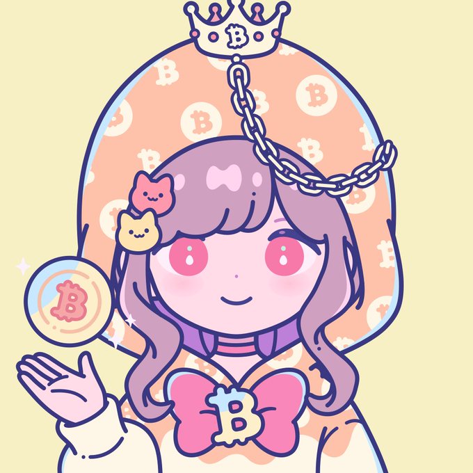 A cute anime-style girl wearing a Bitcoin-themed bonnet with a crown, holding a Bitcoin coin, featuring pink hair and cat hair clips.